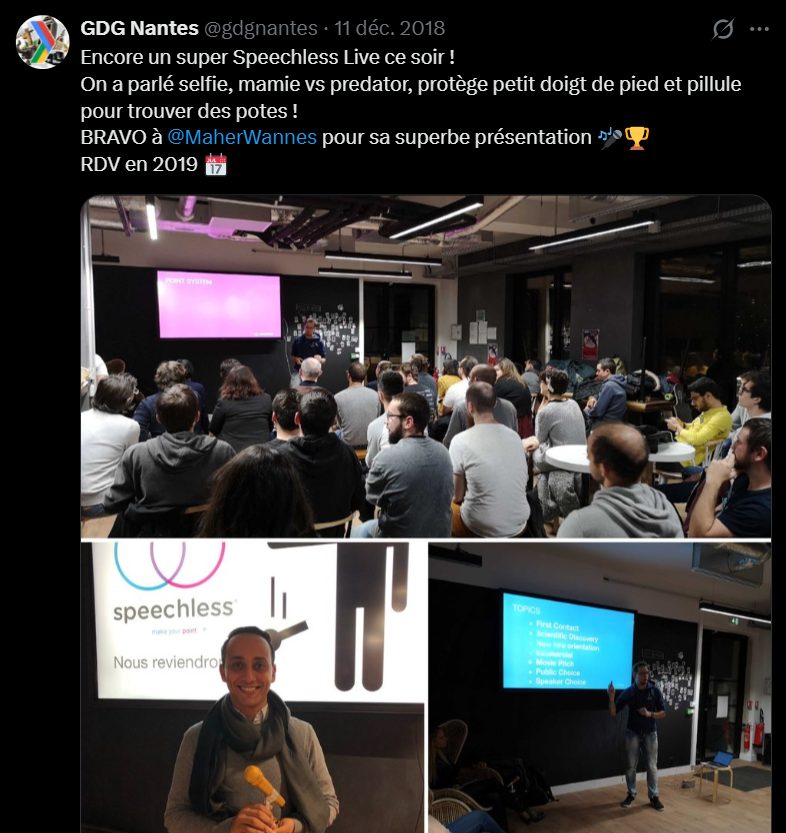 منشور GDG Nantes (ديسمبر 2018) يهنّئ ماهر وناس على عرضه في Speechless Live، مع صور من الأمسية